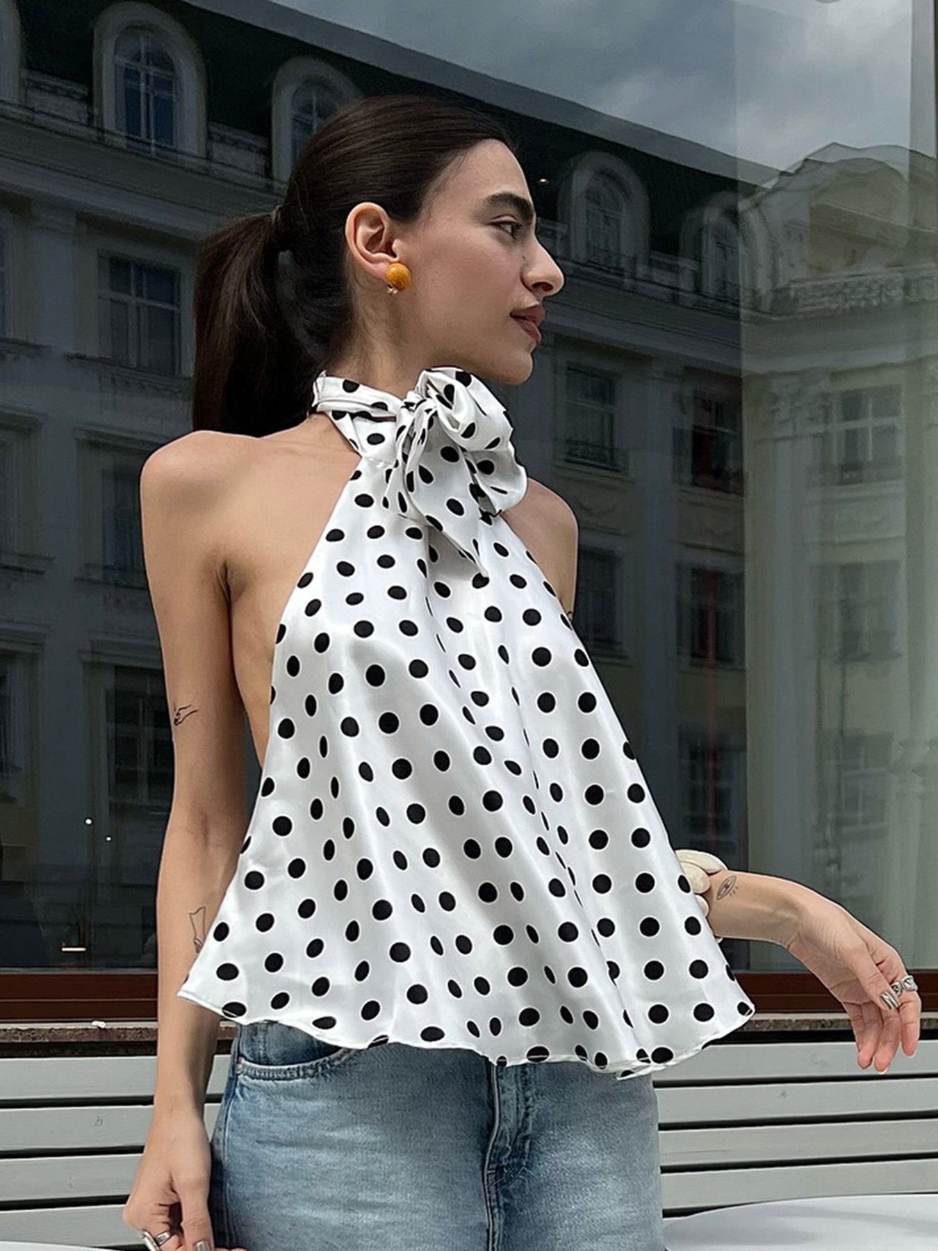 Blusa sensual de bolinhas frente única - Blusa com amarração nas costas e amarração nas costas | Frete grátis para todo o mundo | Crypto Pay