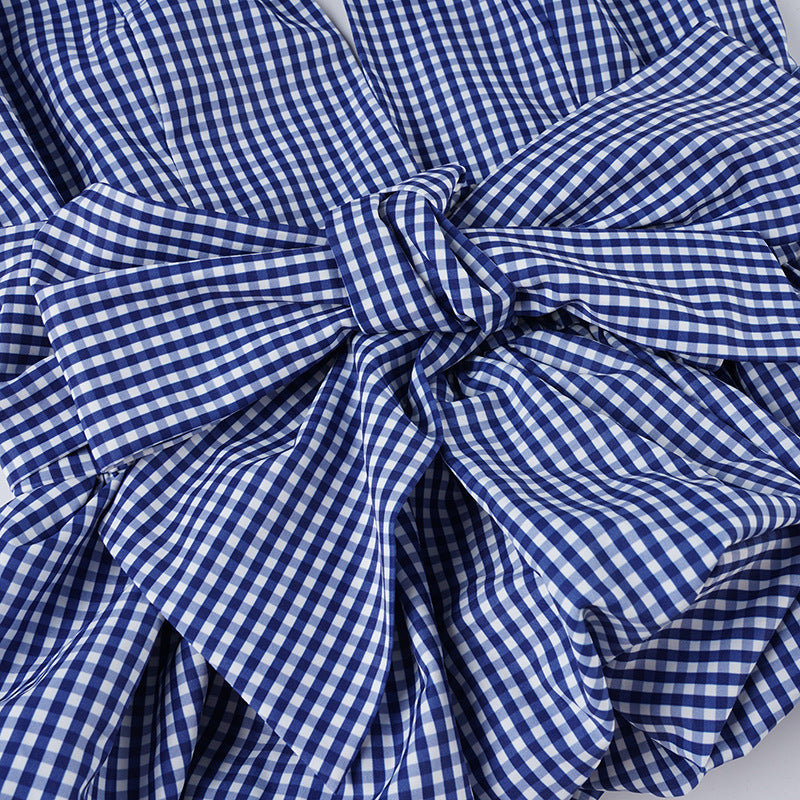 Sexy Grid Halter Top - Deep V Neck Backless Peplum Blouse | Free Shipping