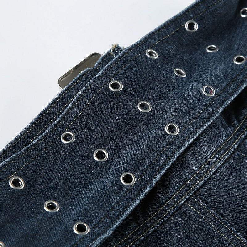 Vintage Eyelet Denim Maxi Skirt - Distressed Belted A-Line Skirt | Free Shipping|Crypto Payments