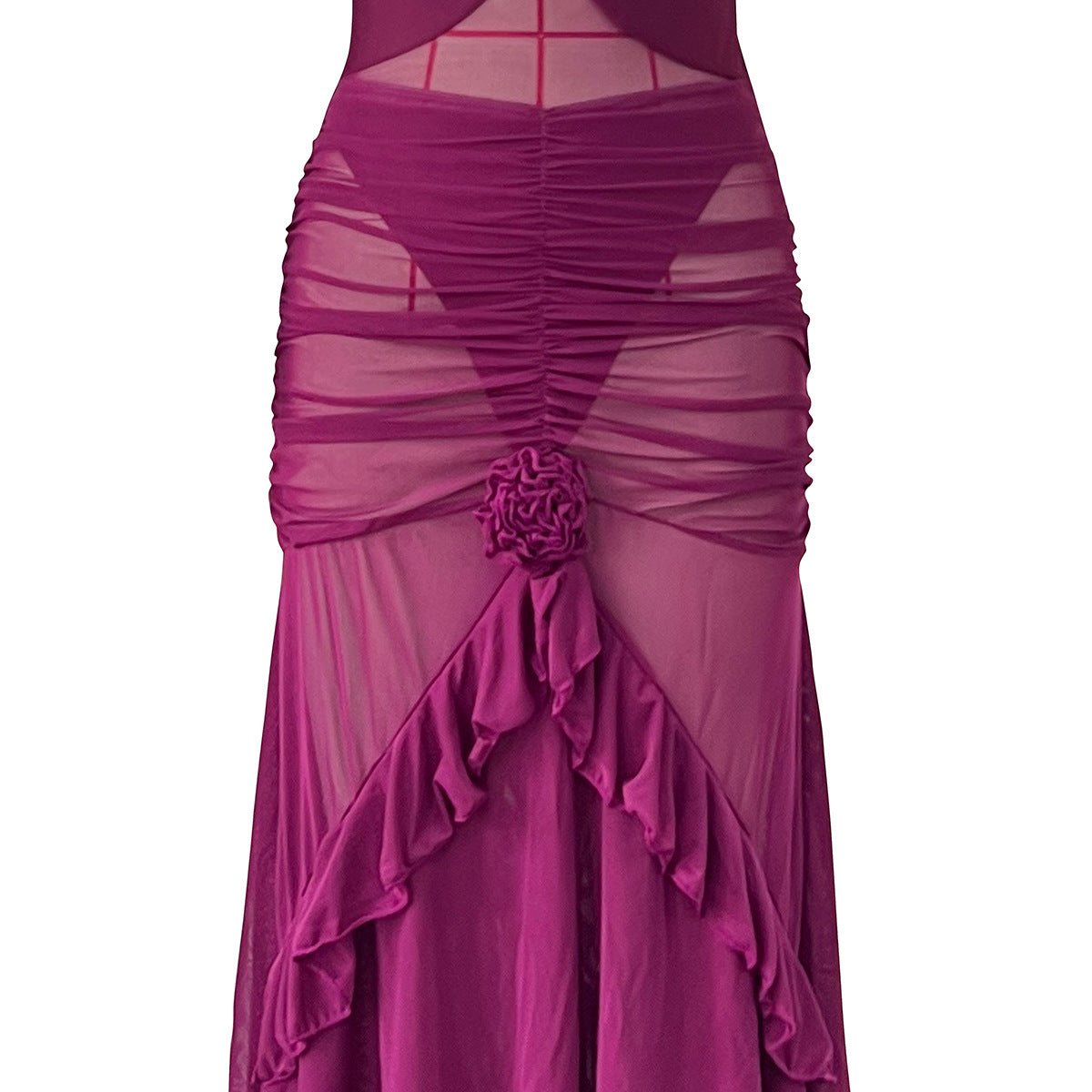 Sexy Wine Red Swimsuit Set - Sheer Mesh Bandeau Monokini with Sarong | Free Shipping | Crypto Pay