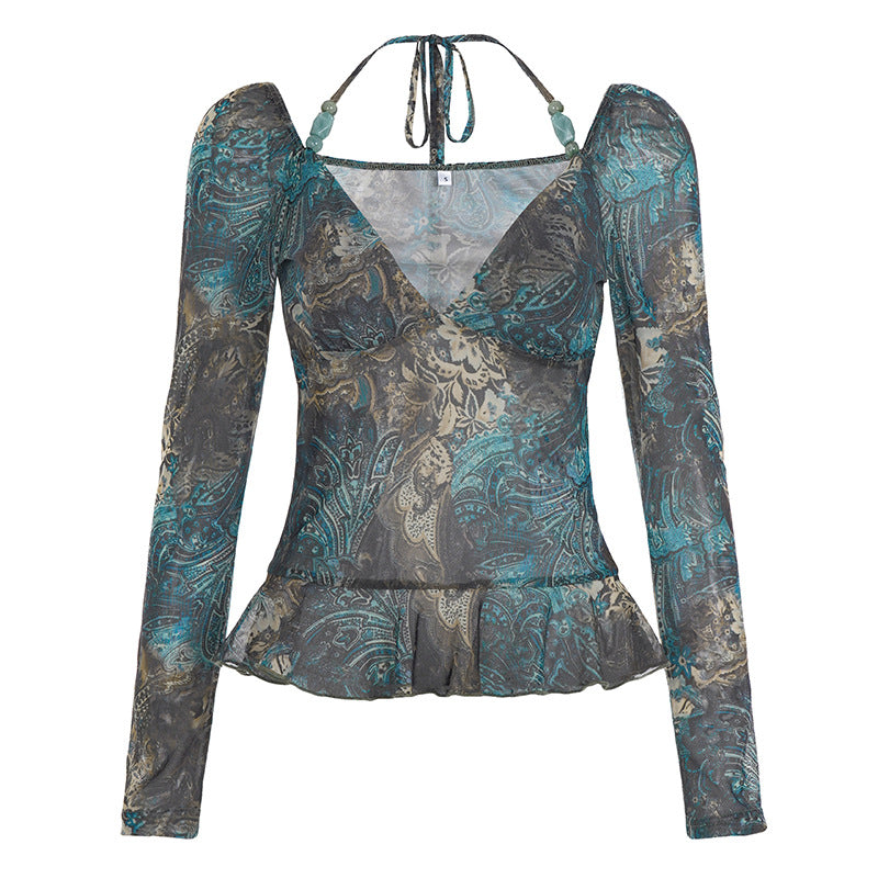 Vintage V-Neck Blouse - Flounce Hem Tie-Front Top| Crypto Payments