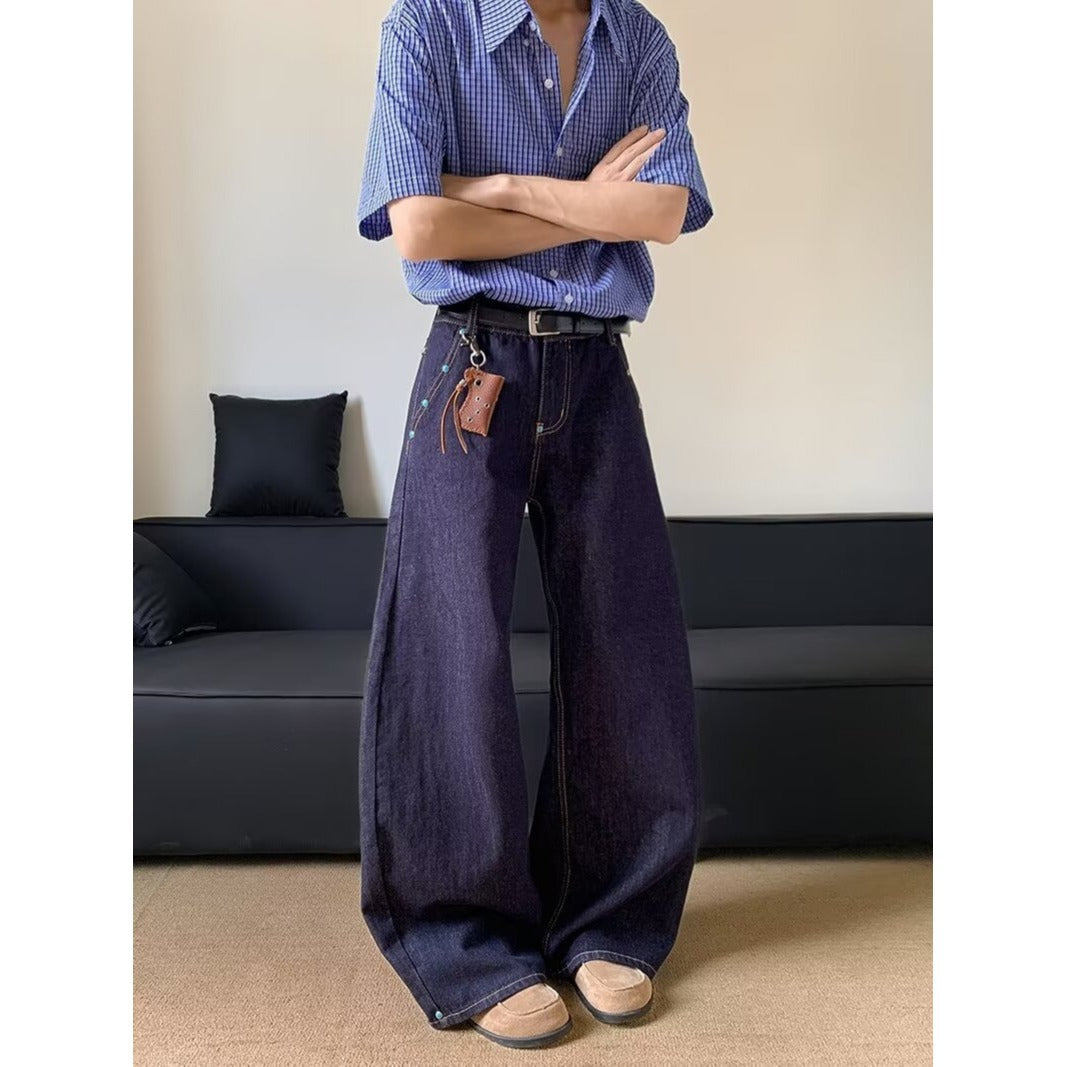 Retro Turquoise Scimitar Jeans – Unisex Clean Fit Raw Denim | Dark Blue Wide-Leg Streetwear | Free Shipping | Crypto Accepted
