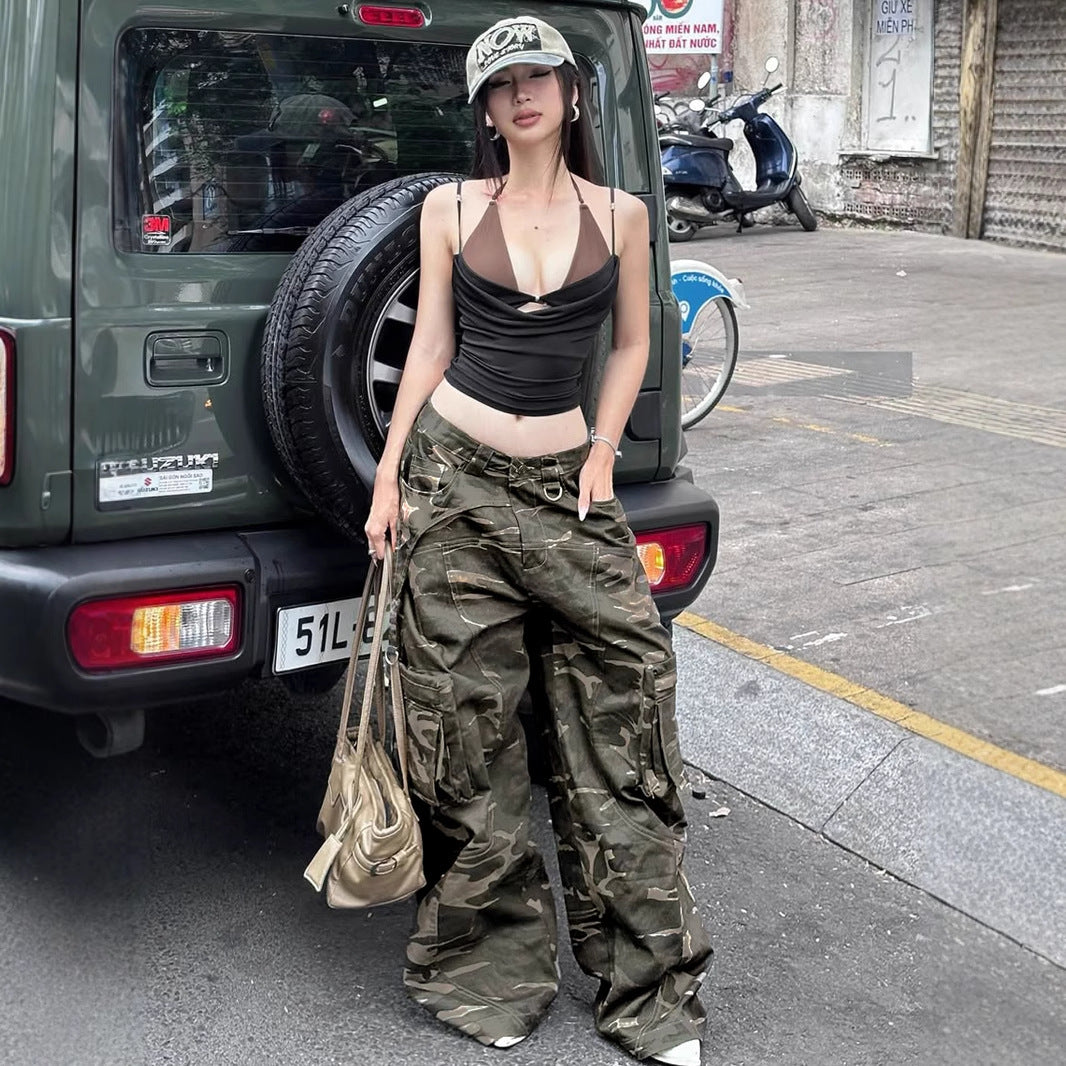 Retro Camo Cargo Pants - Women's Low-Rise Streetwear Trousers | Free Shipping