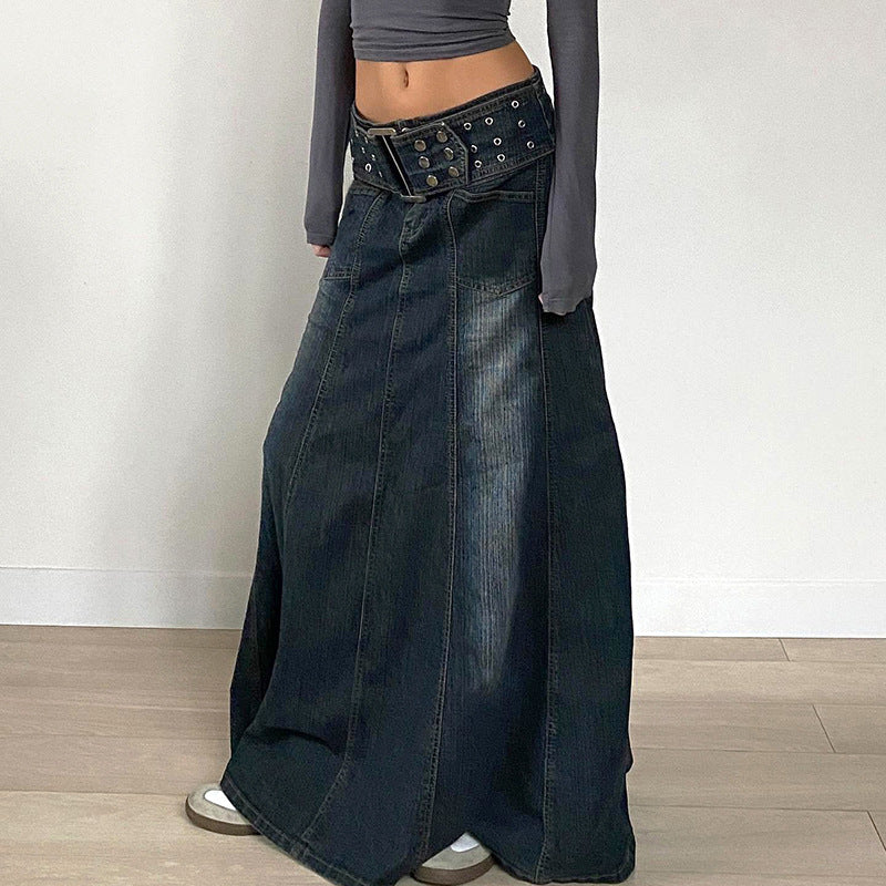 Vintage Eyelet Denim Maxi Skirt - Distressed Belted A-Line Skirt | Free Shipping|Crypto Payments