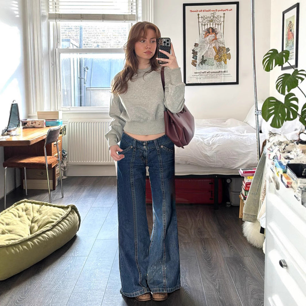 Y2K Wide-Leg Jeans - Distressed Blue Denim Pants | Crypto Payments