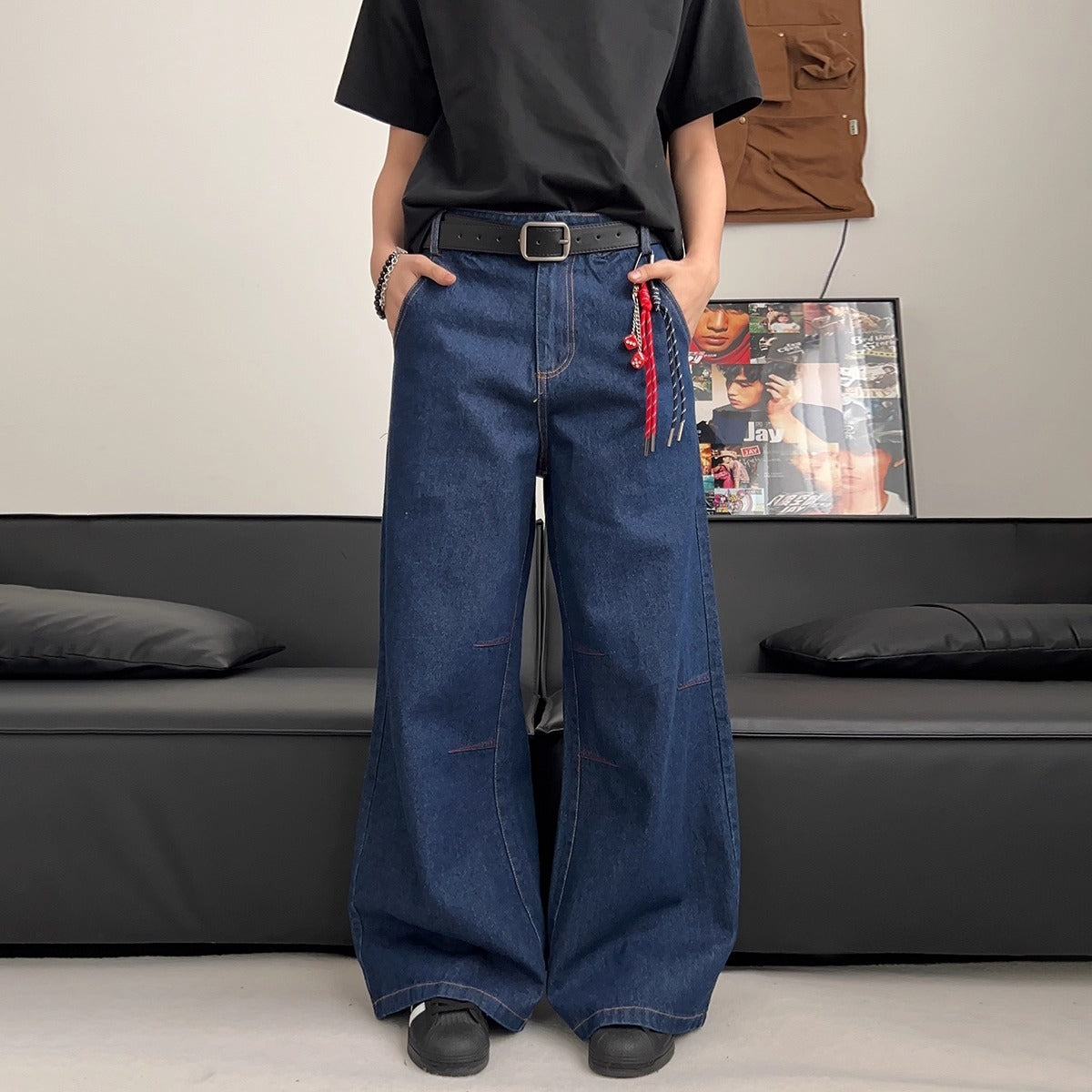 Clean Washed Dark Blue Jeans – Men’s Vintage Vibe Style | Loose Wide-Leg Straight Fit | Free Shipping | Crypto Accepted