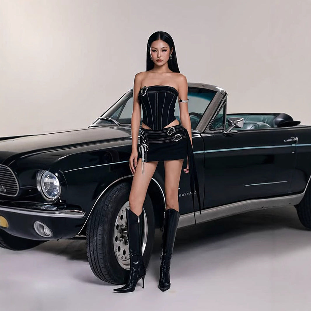 Dark Femme Two-Piece Set - Corset Top & Asymmetric Skirt | Free Shipping|Crypto Payments