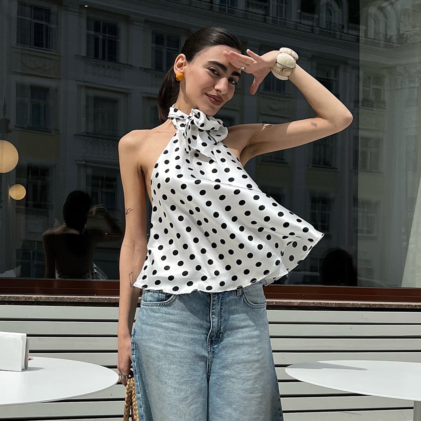 Blusa sensual de bolinhas frente única - Blusa com amarração nas costas e amarração nas costas | Frete grátis para todo o mundo | Crypto Pay