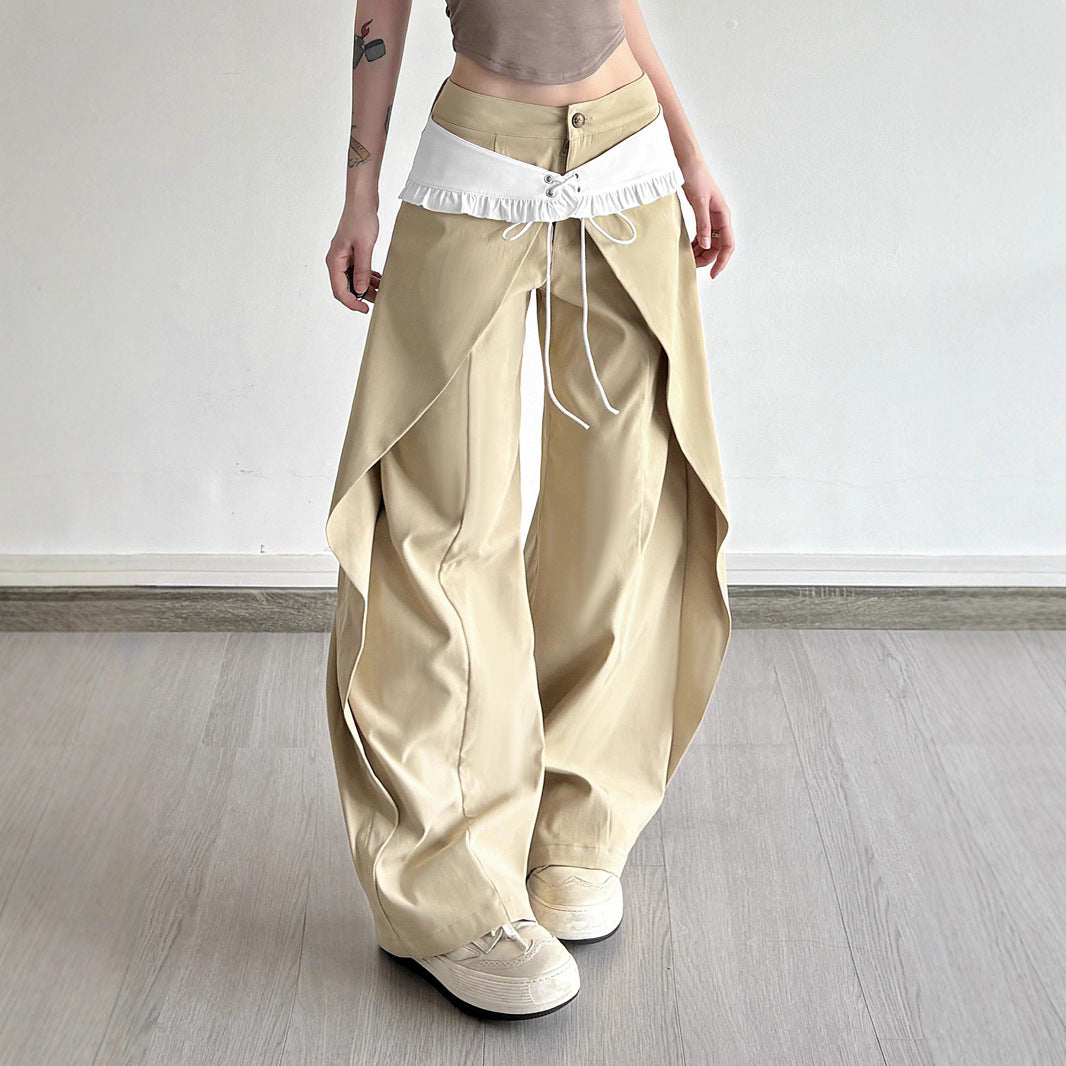 Designer Double Waist Pants - Women's Curved Hem Wide-Leg Trousers | Free Shipping
