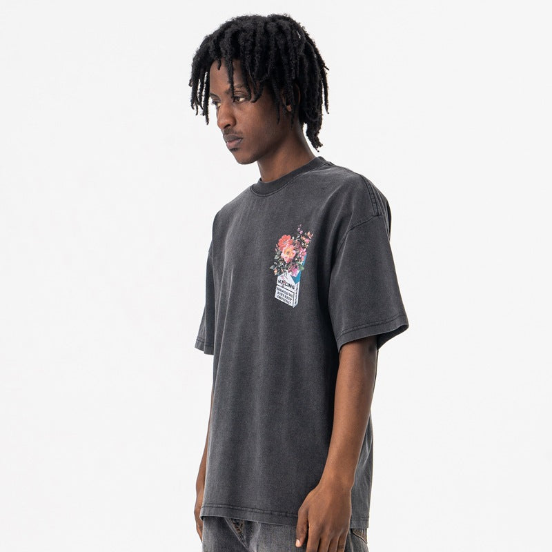 Vintage Floral Letter Graphic Tee - Distressed Oversized Streetwear T-Shirt