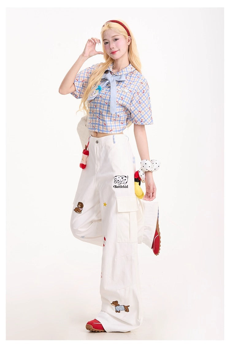 Dog Embroidery Wide-Leg Cargo Jeans – Women’s Vintage Streetwear | Loose Slimming Fit | Free Shipping | Crypto Accepted
