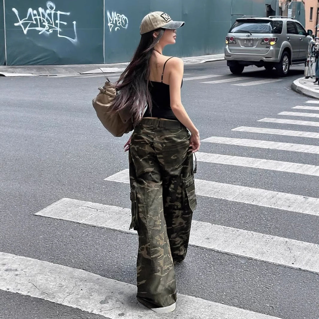 Retro Camo Cargo Pants - Women's Low-Rise Streetwear Trousers | Free Shipping