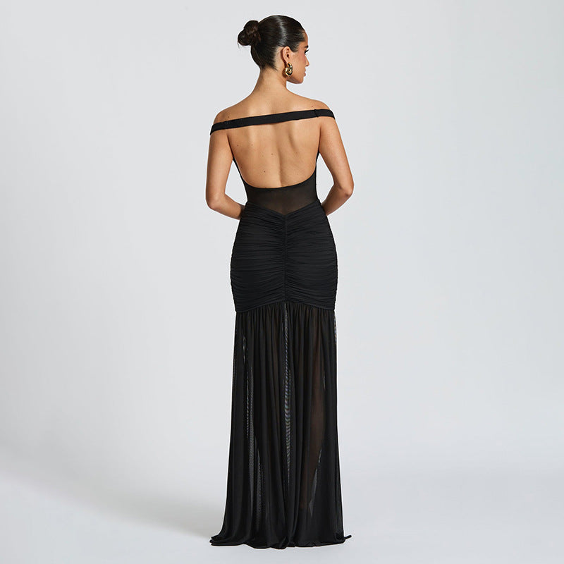 Y2K Mermaid Gown - Sheer Mesh Formal Dress with Sexy Back Cutout