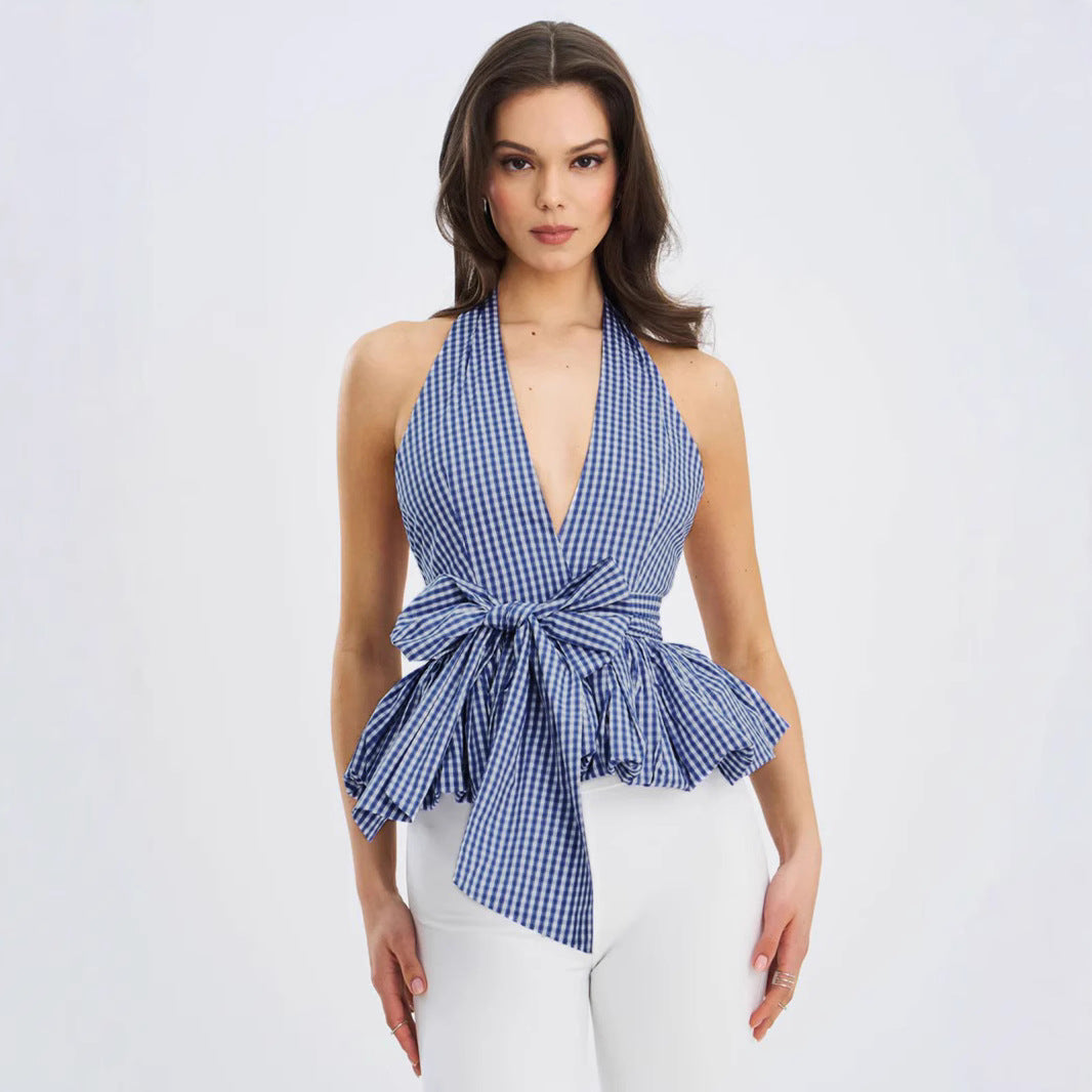 Sexy Grid Halter Top - Deep V Neck Backless Peplum Blouse | Free Shipping