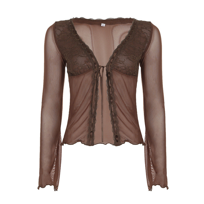 Y2K Mesh Cardigan - V-Neck Lace Cover-Up |Crypto Payments