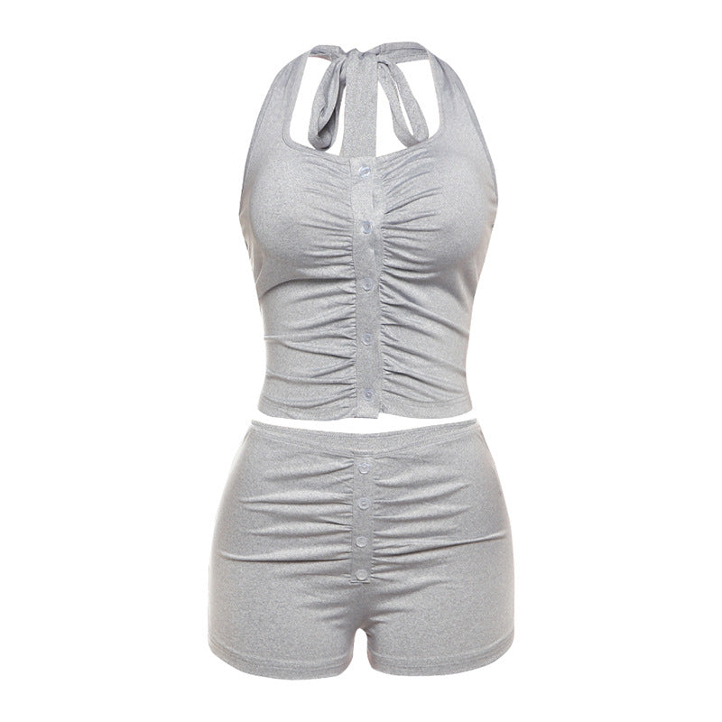 Gray Ruched Halter Crop Top & Shorts Set – Sexy Two-Piece Outfit | Free Shipping | Crypto Pay