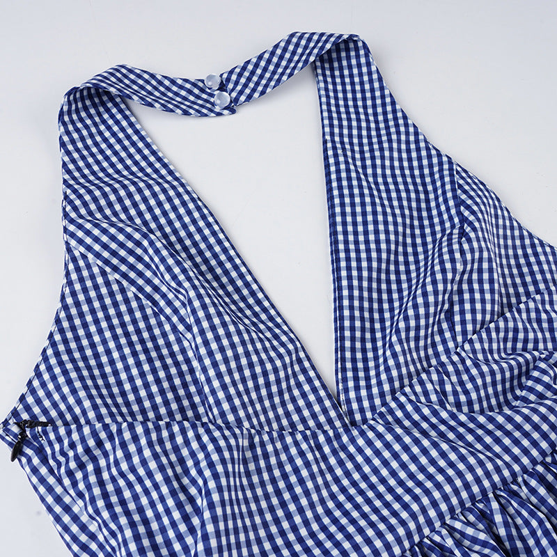 Sexy Grid Halter Top - Deep V Neck Backless Peplum Blouse | Free Shipping