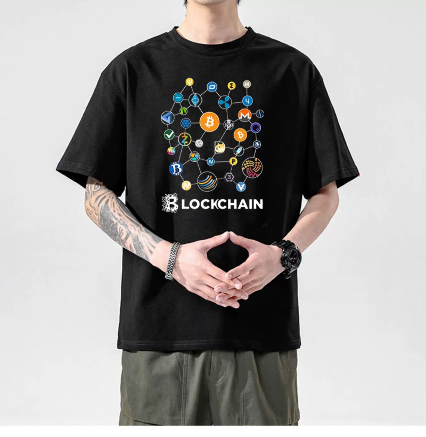 Men’s Crypto T-Shirt | 100% Cotton Blockchain Tee with Bitcoin, Ethereum, Dogecoin Prints | XS–2XL | Free Global Shipping