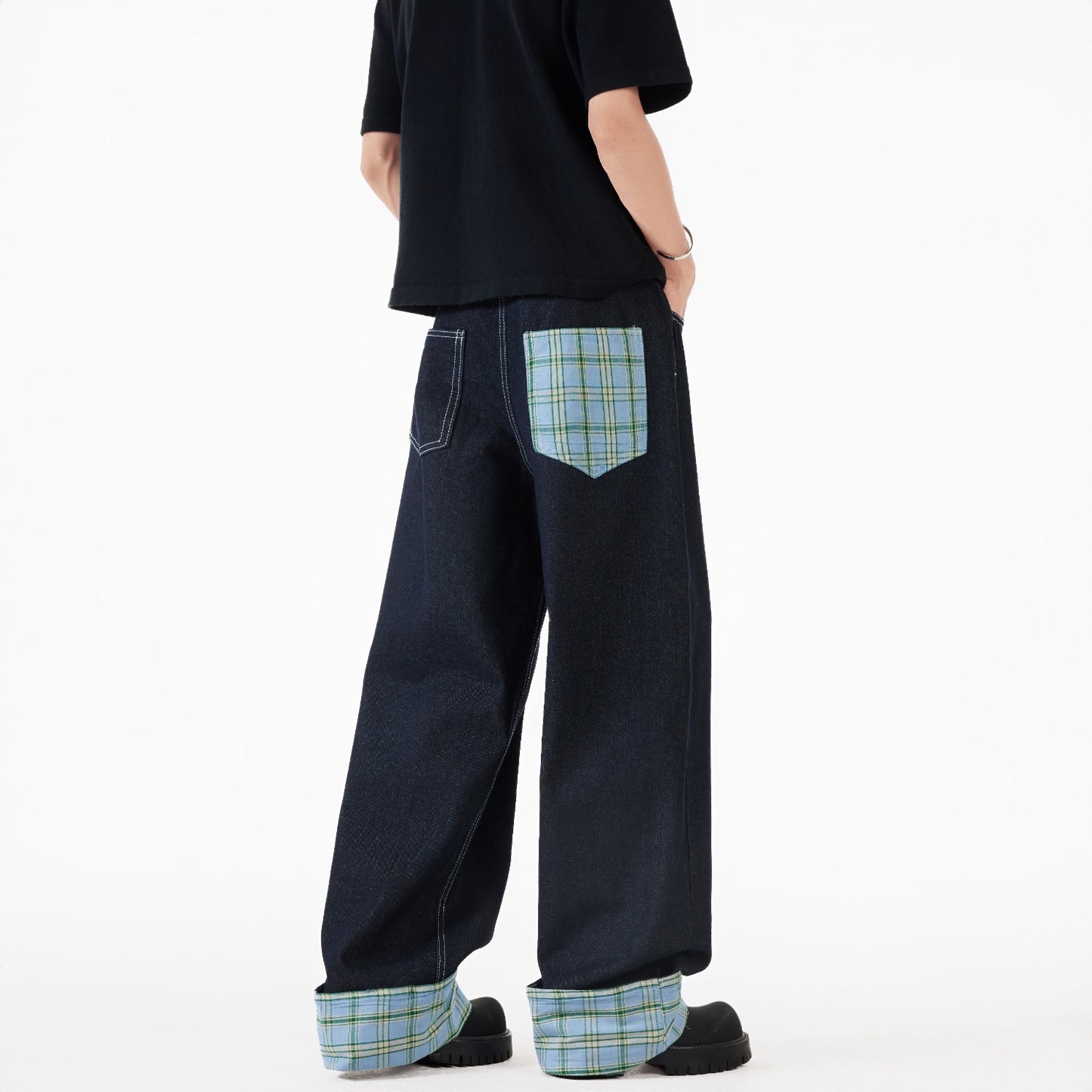 Loose Fit Patchwork Plaid Wide Leg Jeans for Men | Streetwear Unisex Style | Free Global Shipping & Crypto Pay