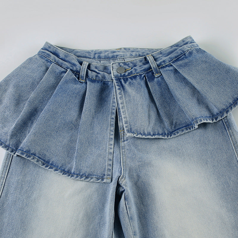 Y2K Fake Two-Piece Jeans - Wide-Leg Pleated Denim Pants | Free Shipping|Crypto Payments
