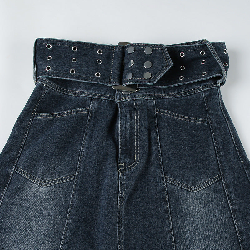 Vintage Eyelet Denim Maxi Skirt - Distressed Belted A-Line Skirt | Free Shipping|Crypto Payments