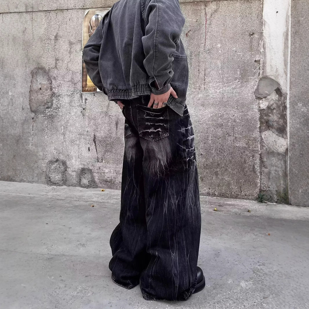 Retro Vibe Washed Black Lightning Jeans, Unisex High-Street Wide-Leg, Free Shipping, Crypto Pay