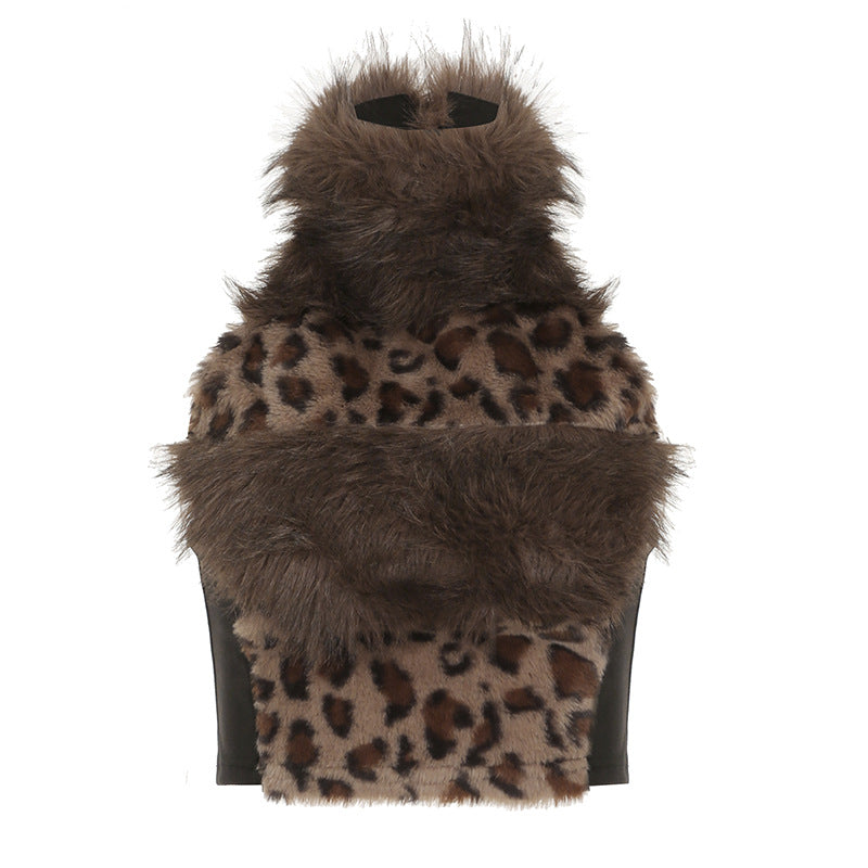 Leopard Print Faux Fur Crop Top - High Neck Cold-Shoulder Bustier | Free Shipping|Crypto Payments