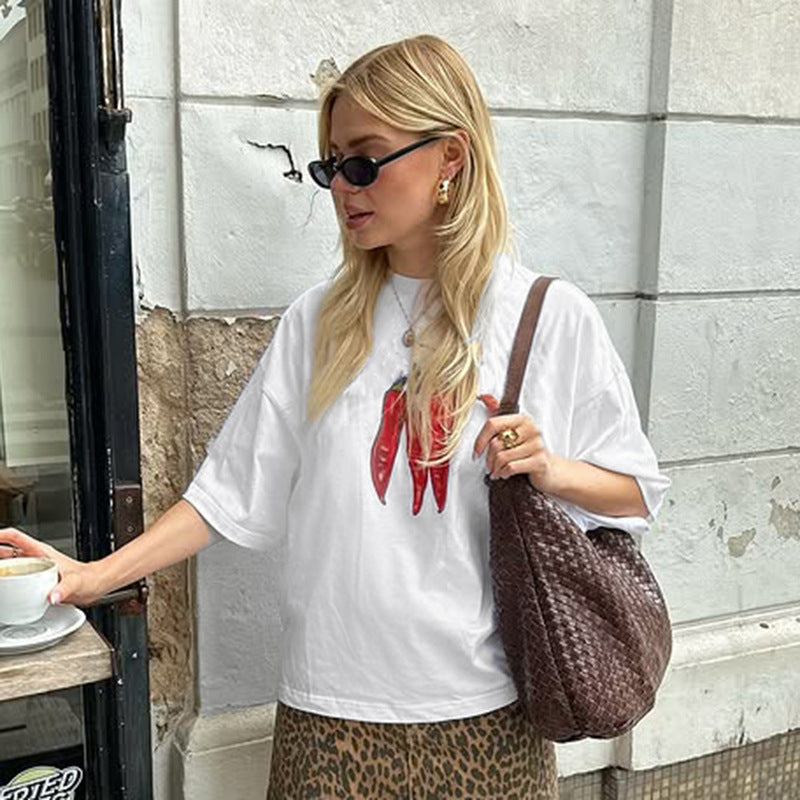 Edgy Graphic Chili T-Shirt - Street Style Loose Fit Top for Women | Free Shipping|Crypto Payments