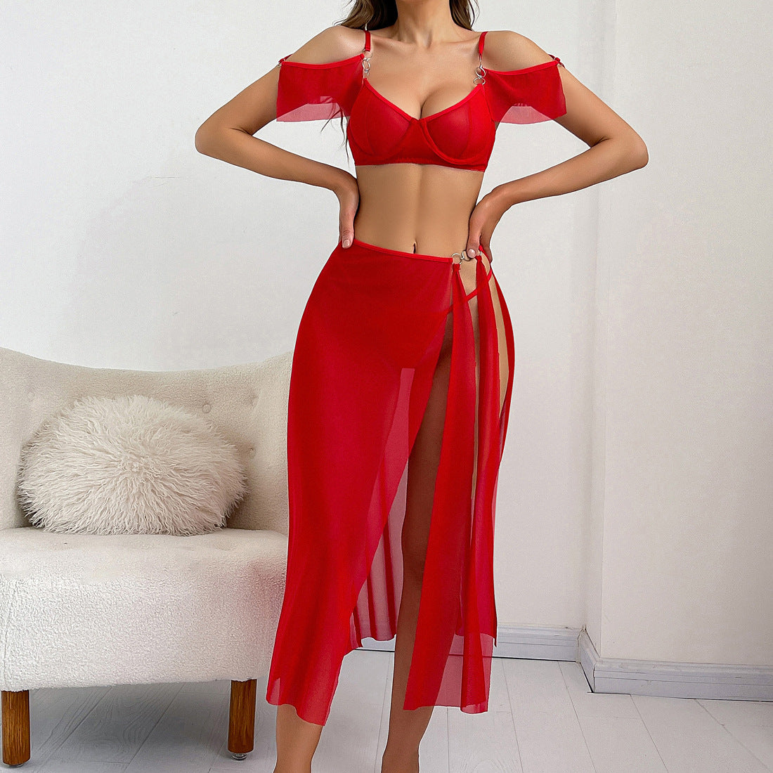 Sheer Mesh Lingerie Set - 3-Piece See-Through Gown | Free Shipping