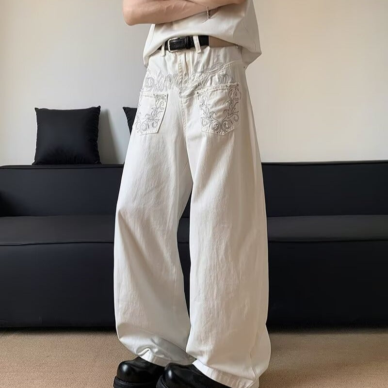 Washed White Scimitar Jeans – Men’s Vintage Reverse Design with Embroidered Pockets | Loose Fit | Free Shipping | Crypto Accepted