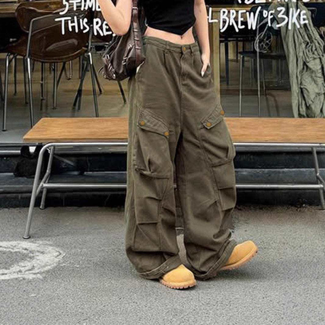 Street Style Pleated Cargo Pants - Women's Wide-Leg Utility Trousers | Free Shipping