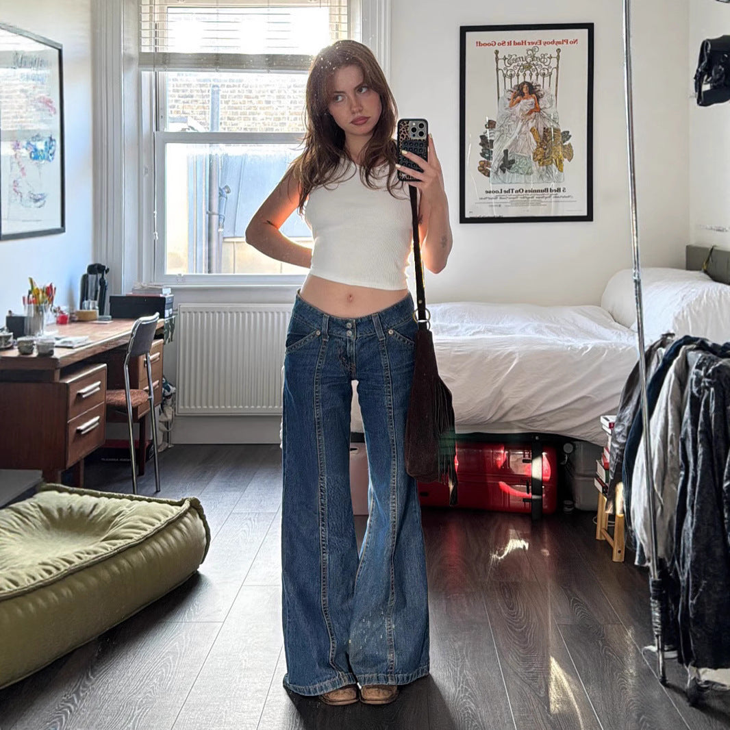Y2K Wide-Leg Jeans - Distressed Blue Denim Pants | Crypto Payments