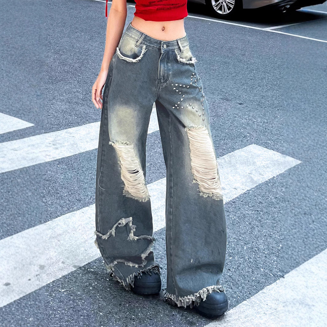 Distressed Flare Jeans - Star Studded Wide-Leg Pants |Crypto Payments