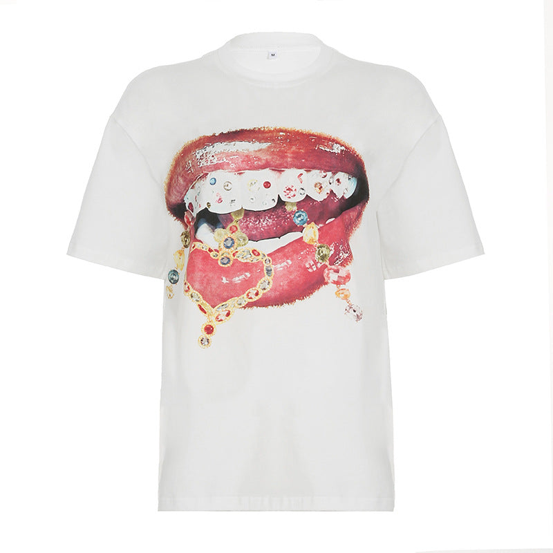 Y2K Lip Print Tee - Oversized Graphic T-Shirt | Crypto Payments