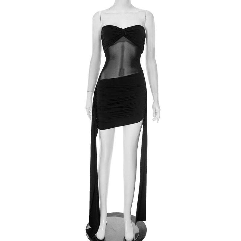 Sexy Strapless Backless Mesh Ruched Mini Dress – Bodycon Clubwear, Free Shipping, Crypto Accepted