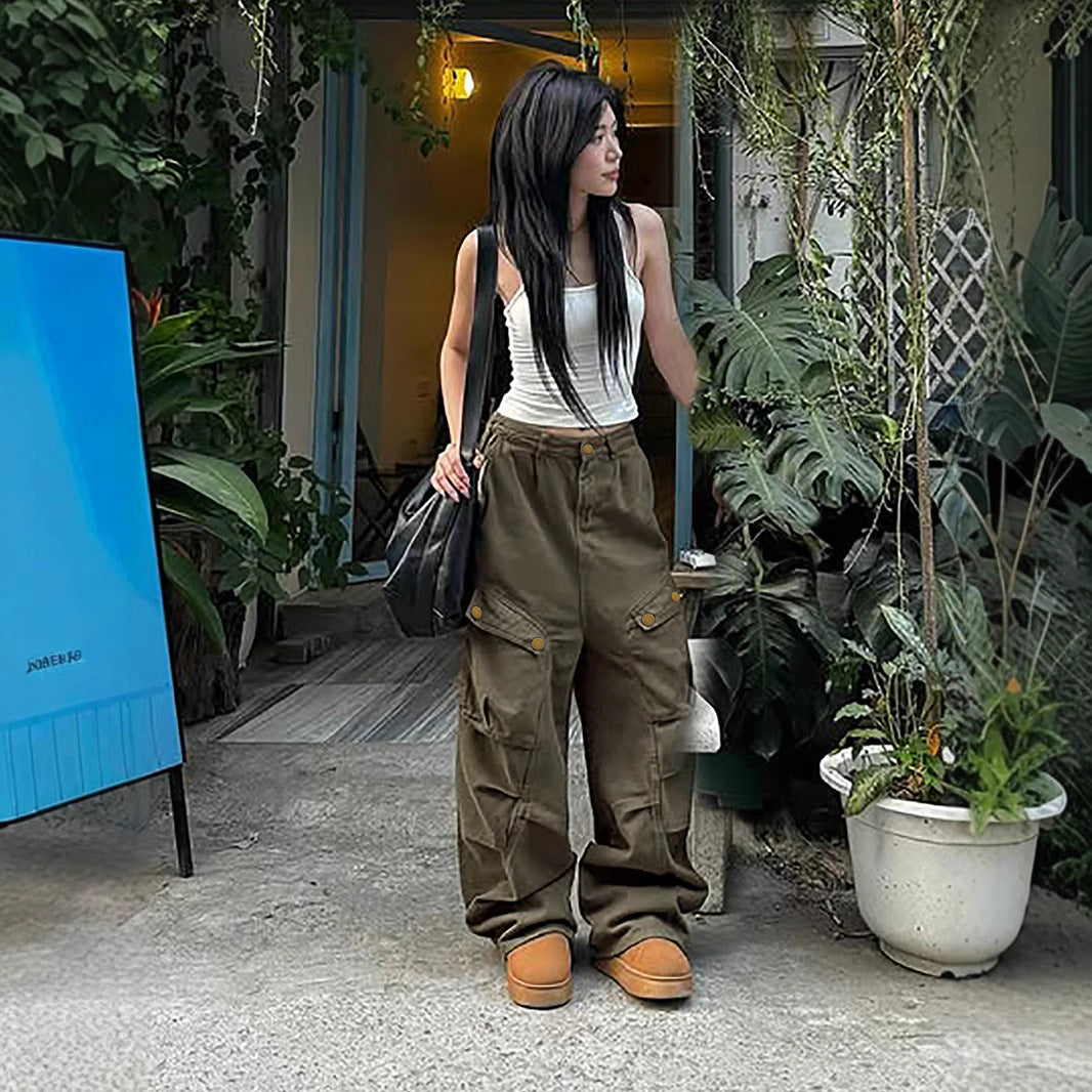 Street Style Pleated Cargo Pants - Women's Wide-Leg Utility Trousers | Free Shipping