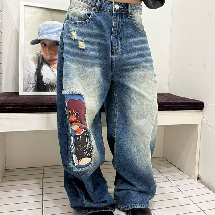 Distressed Blue High-Waisted Jeans for Women – Loose Wide-Leg Straight Pants | Thin & Breathable | Free Shipping | Crypto Accepted