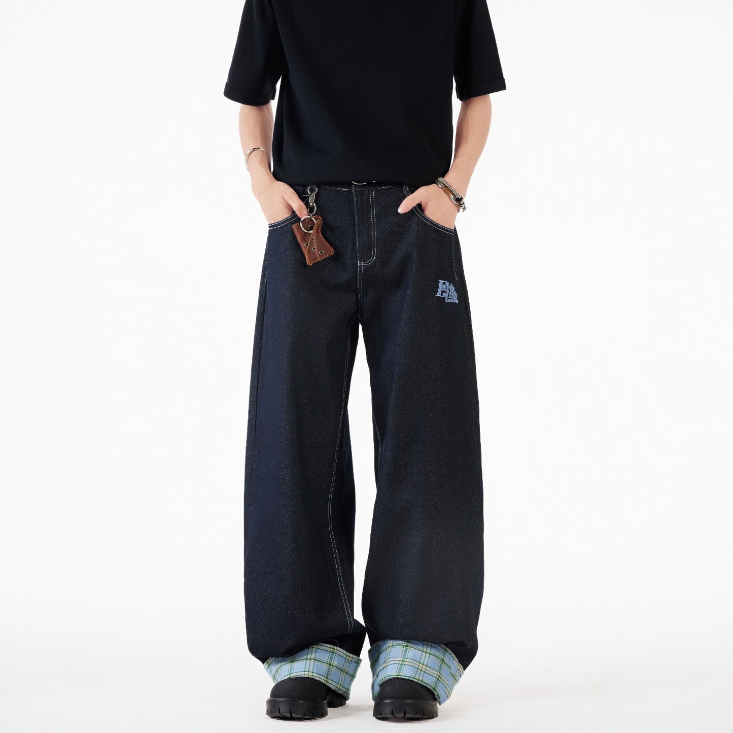 Loose Fit Patchwork Plaid Wide Leg Jeans for Men | Streetwear Unisex Style | Free Global Shipping & Crypto Pay