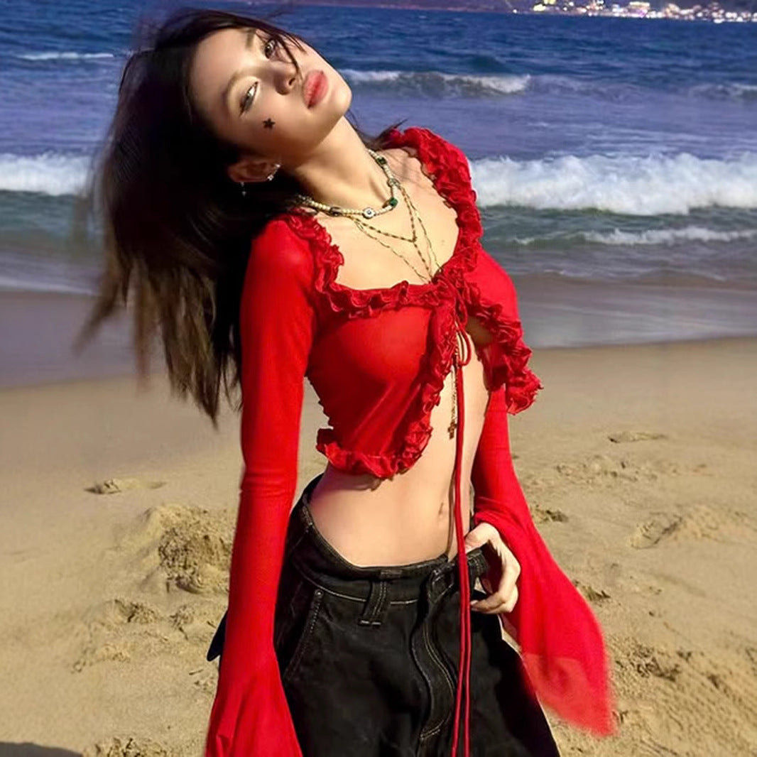 Sexy Mesh Crop Top - Ruffle Bell Sleeve Blouse | Free Shipping|Crypto Payments