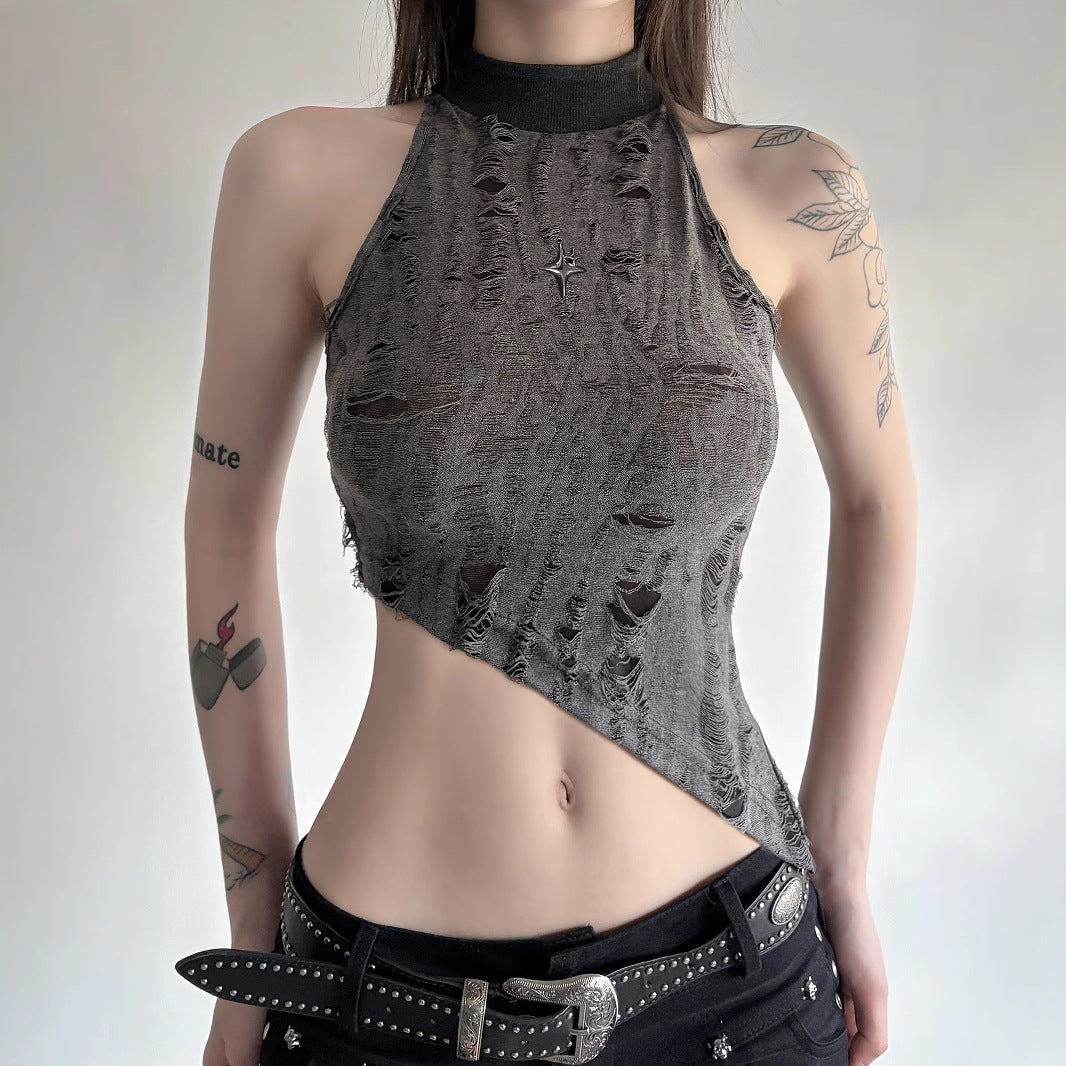 Cropped com gola alta e efeito desgastado - Camisa feminina com barriga rasgada e estampa grunge streetwear 2025 | Frete grátis