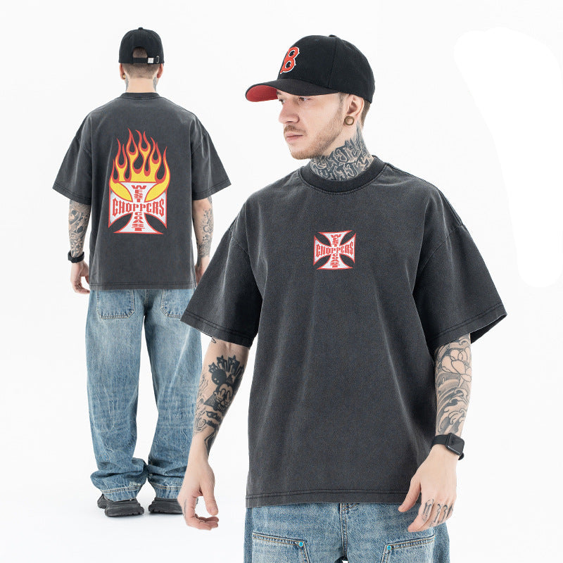 Vintage Flame Letter T-Shirt | Washed Black Hip-Hop Tee | Oversized Fit | Free Global Shipping | Crypto Accepted