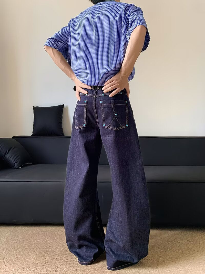 Retro Turquoise Scimitar Jeans – Unisex Clean Fit Raw Denim | Dark Blue Wide-Leg Streetwear | Free Shipping | Crypto Accepted