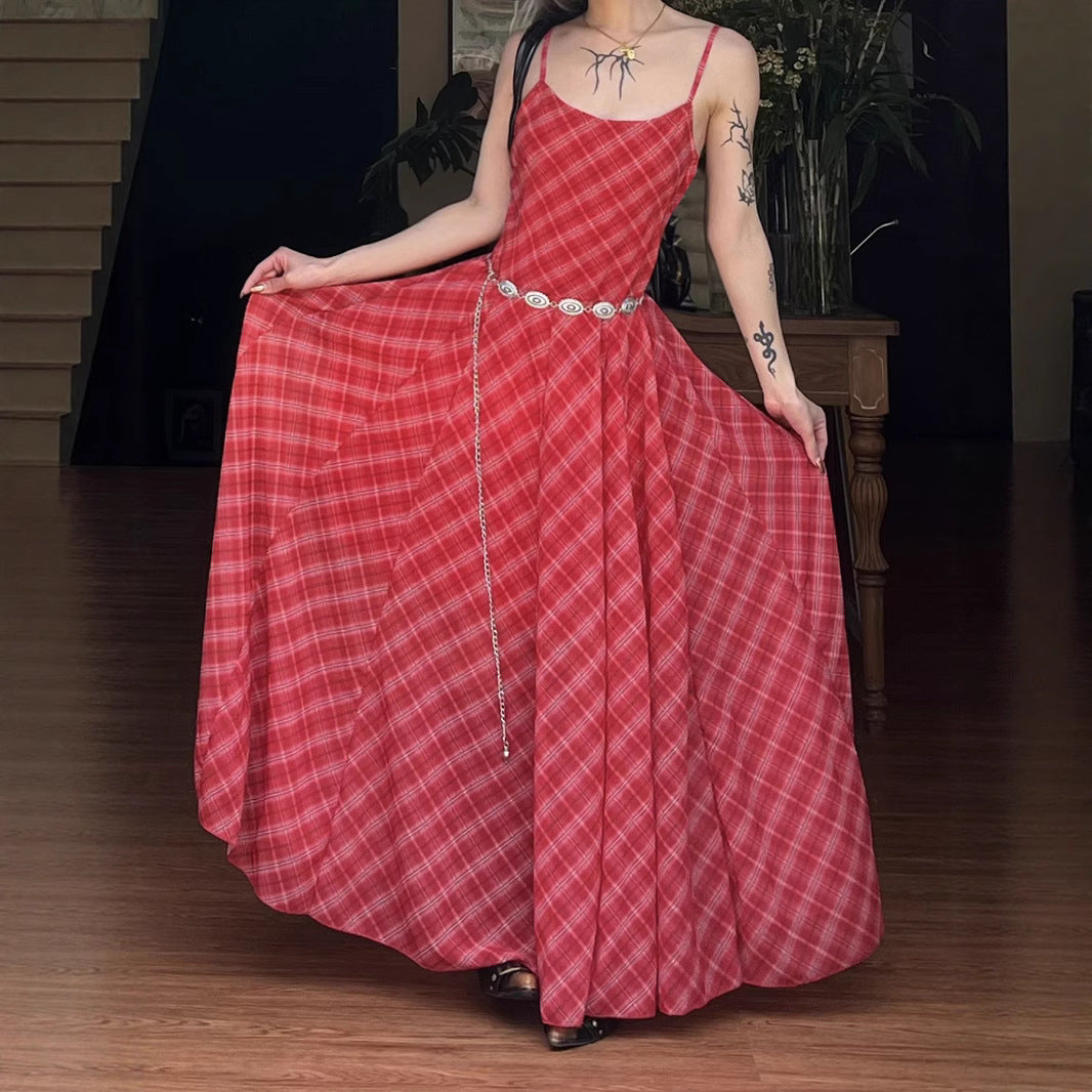 Vestido midi xadrez vermelho - Vestido de verão feminino com alças finas | Pagamentos com criptomoedas
