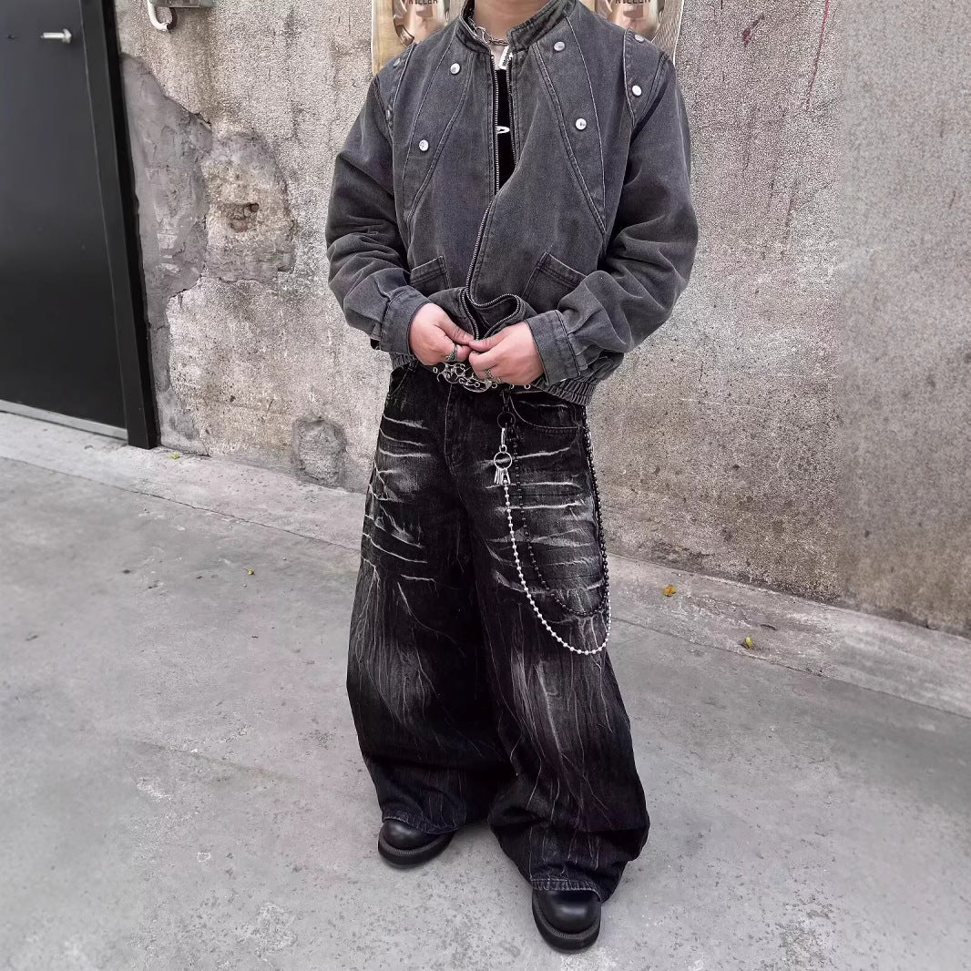 Retro Vibe Washed Black Lightning Jeans, Unisex High-Street Wide-Leg, Free Shipping, Crypto Pay