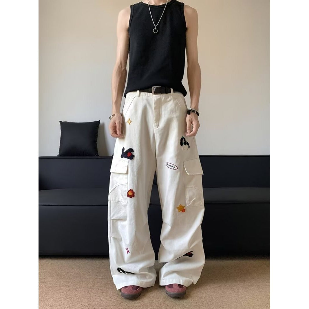 White Embroidered Workwear Jeans – Unisex Retro Streetwear | Loose Straight-Leg Fit | Free Shipping | Crypto Accepted