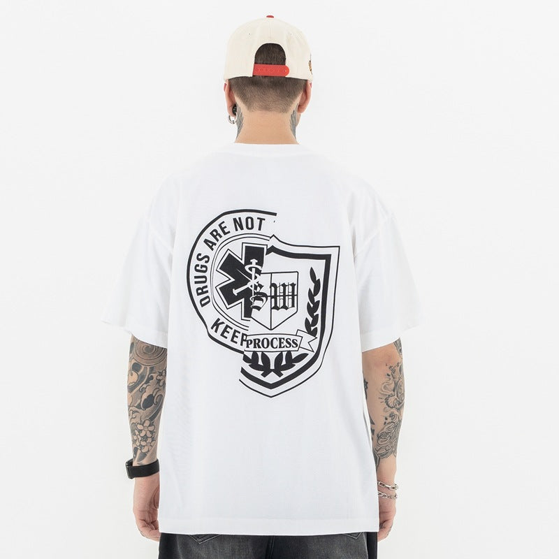 Badge Letter Print Streetwear Tee | Men’s Loose Fit T-Shirt | Black & White | Free Shipping | Crypto Payment