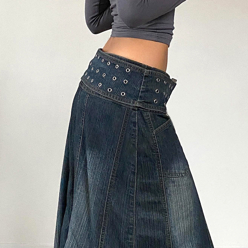 Vintage Eyelet Denim Maxi Skirt - Distressed Belted A-Line Skirt | Free Shipping|Crypto Payments