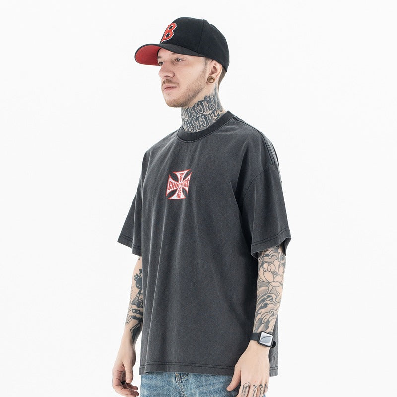 Vintage Flame Letter T-Shirt | Washed Black Hip-Hop Tee | Oversized Fit | Free Global Shipping | Crypto Accepted
