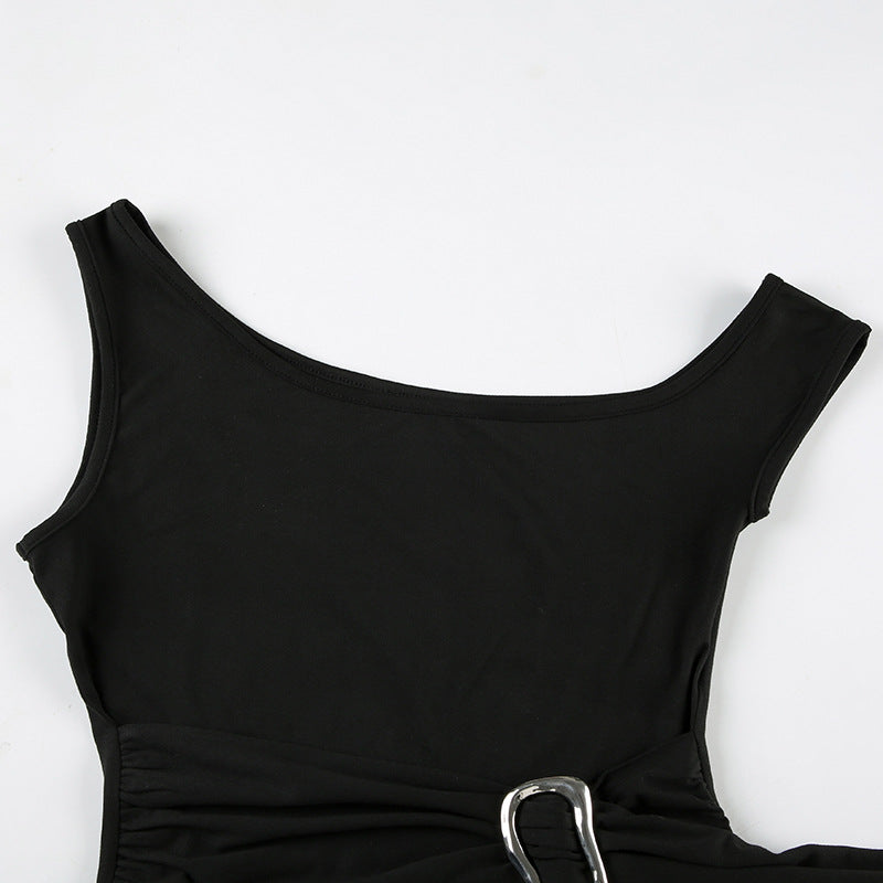 Black Asymmetric Cami Top - Off-Shoulder Streetwear Look with Waist Tie| Free Shipping|Crypto Payments