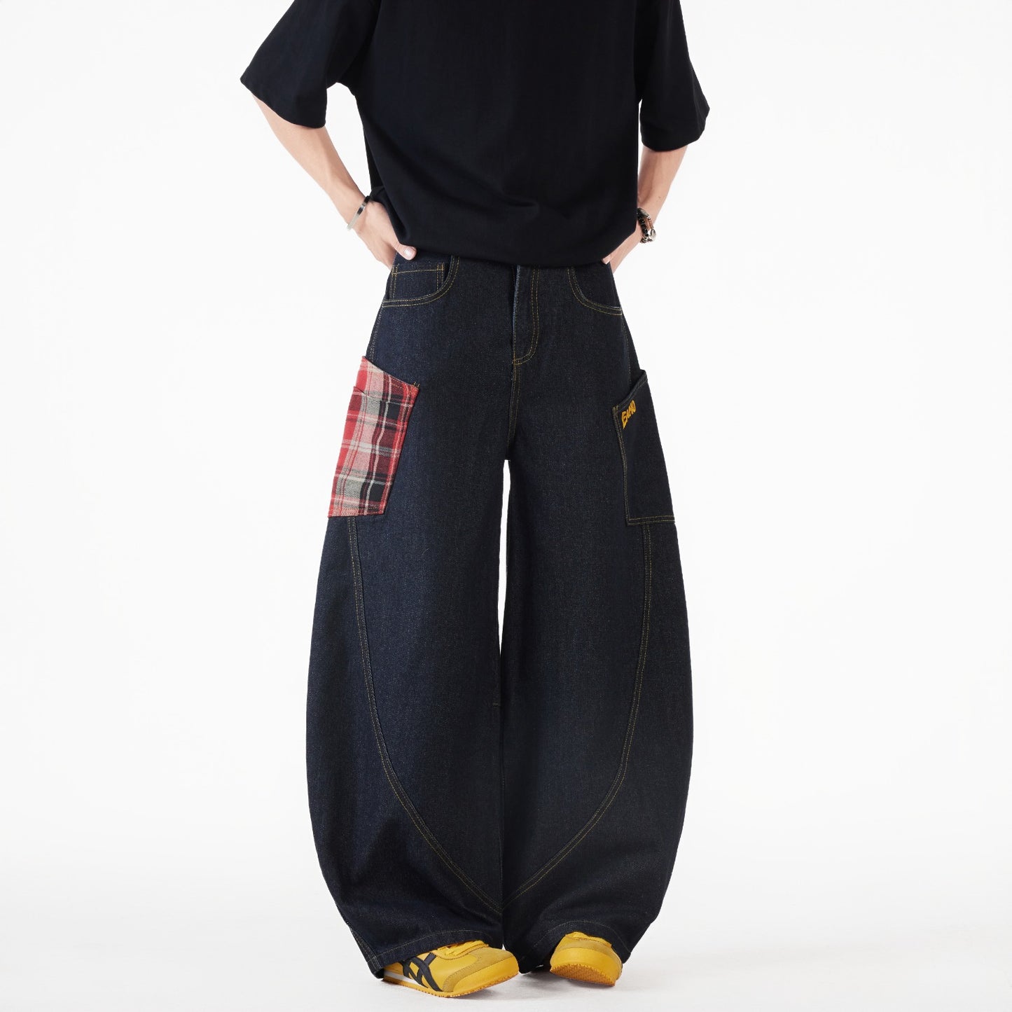 Loose Fit Patchwork Plaid Wide Leg Jeans for Men | Streetwear Unisex Style | Free Global Shipping & Crypto Pay